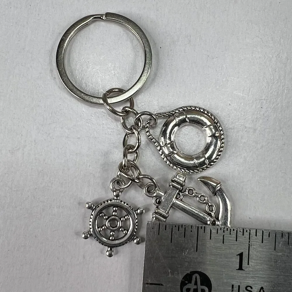 Vintage Silver Nautical Anchor Ship Wheel Life Ring Keychain Bag Charm Y2K